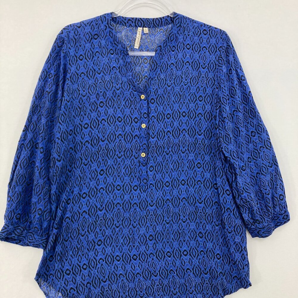 Grand & Greene Large Blue V Neck Button Popover Ultra Soft Rayon Blouse‎ Office